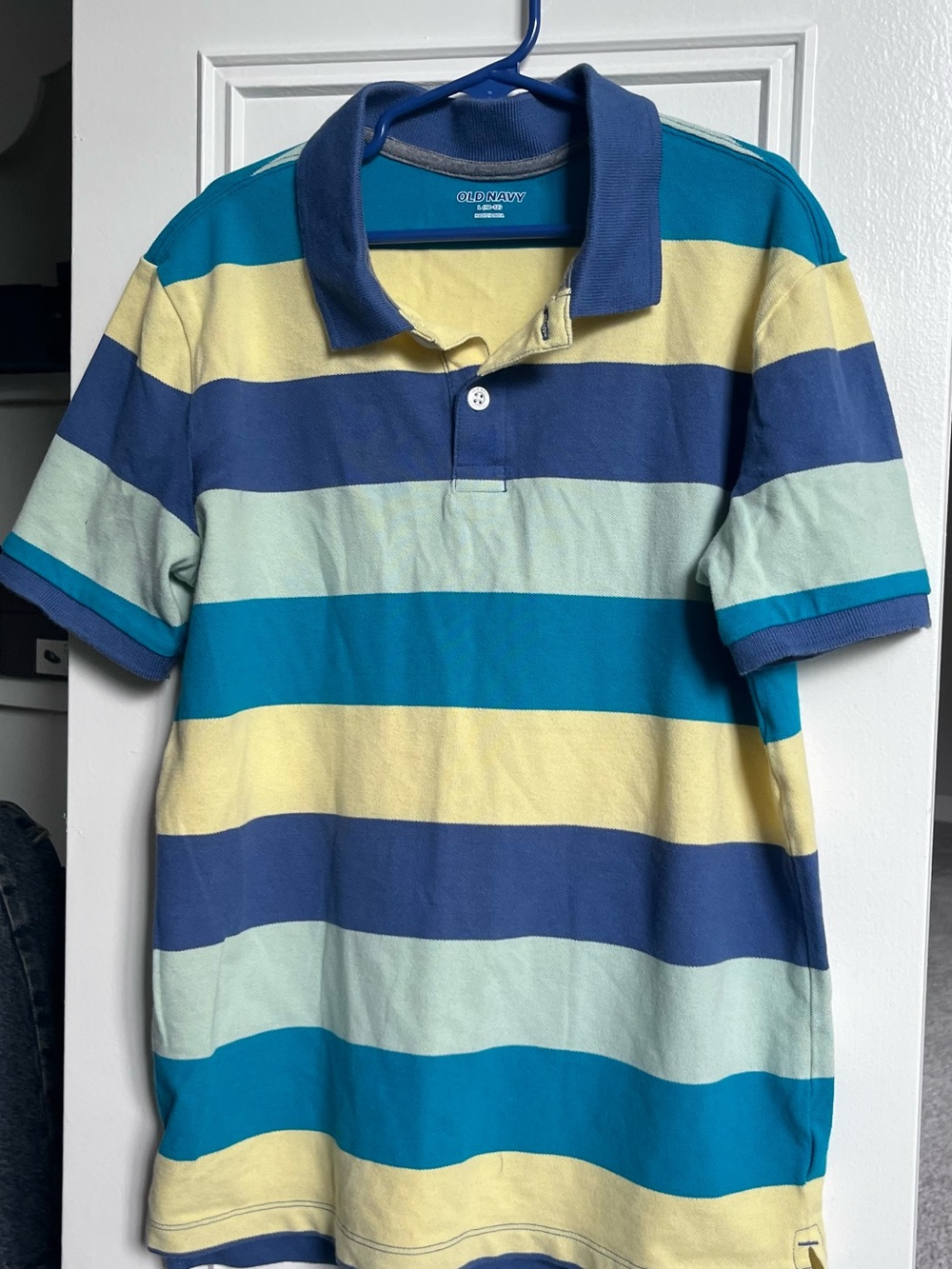 Old Navy Men’s Short Sleeve Polo in Navy, Teal & Yellow Stripes